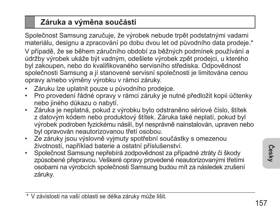 Záruka a výměna součástí | Samsung BHS3000 User Manual | Page 159 / 196