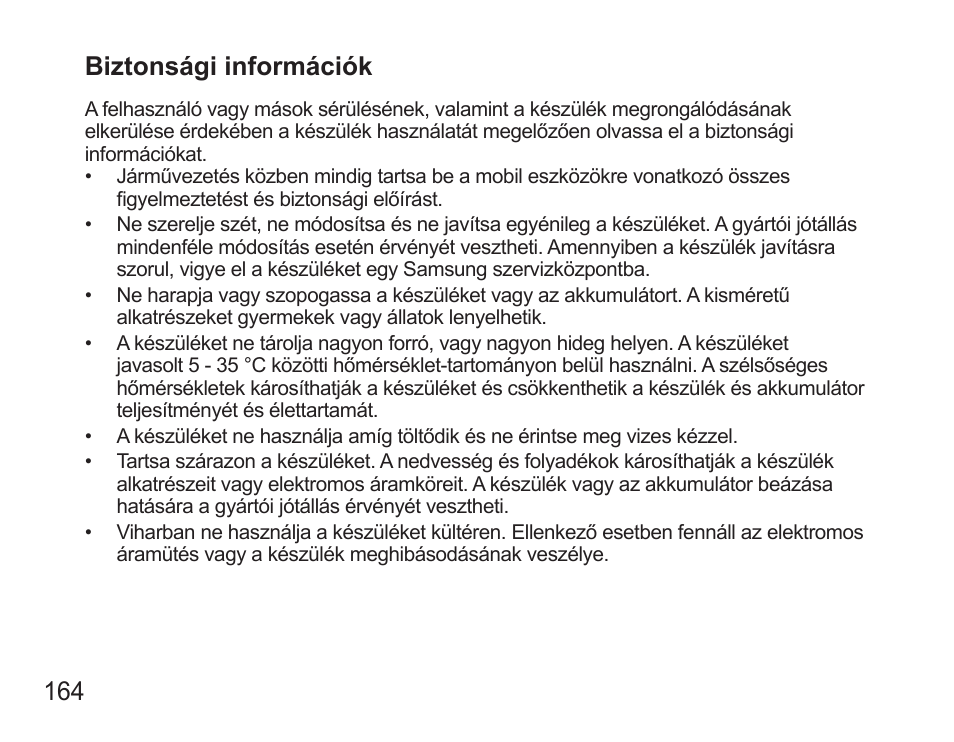 164 biztonsági információk | Samsung BHS3000 User Manual | Page 166 / 196