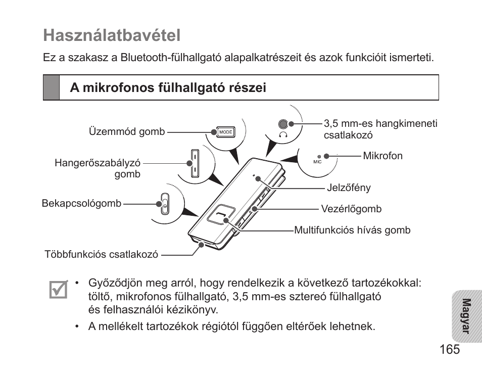 Használatbavétel, A mikrofonos fülhallgató részei | Samsung BHS3000 User Manual | Page 167 / 196