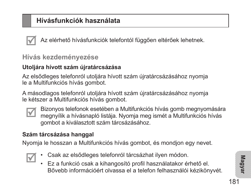 Hívásfunkciók használata | Samsung BHS3000 User Manual | Page 183 / 196