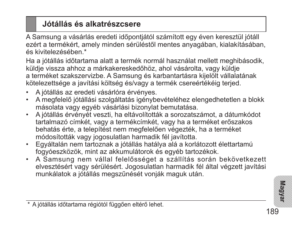Jótállás és alkatrészcsere | Samsung BHS3000 User Manual | Page 191 / 196