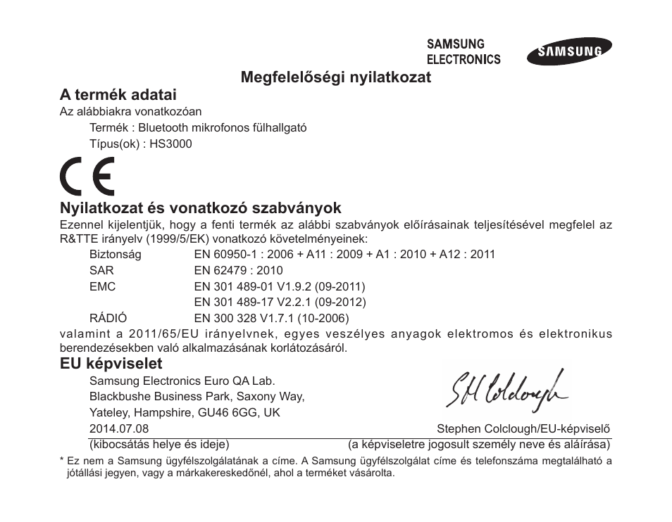 Megfelelőségi nyilatkozat a termék adatai, Nyilatkozat és vonatkozó szabványok, Eu képviselet | Samsung BHS3000 User Manual | Page 195 / 196