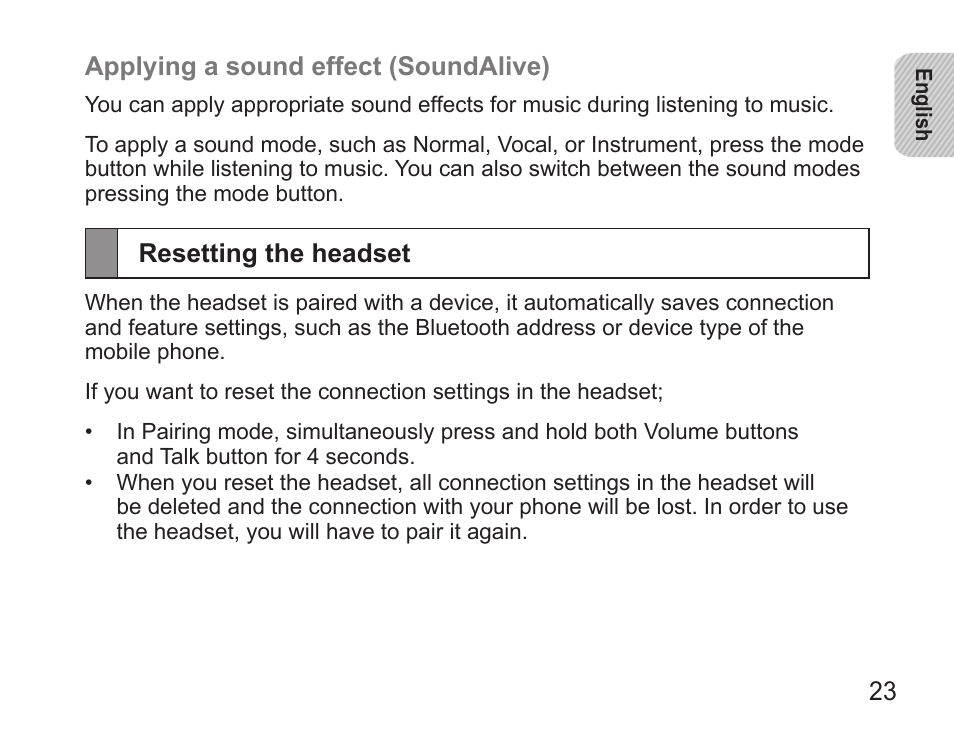 Resetting the headset | Samsung BHS3000 User Manual | Page 25 / 196