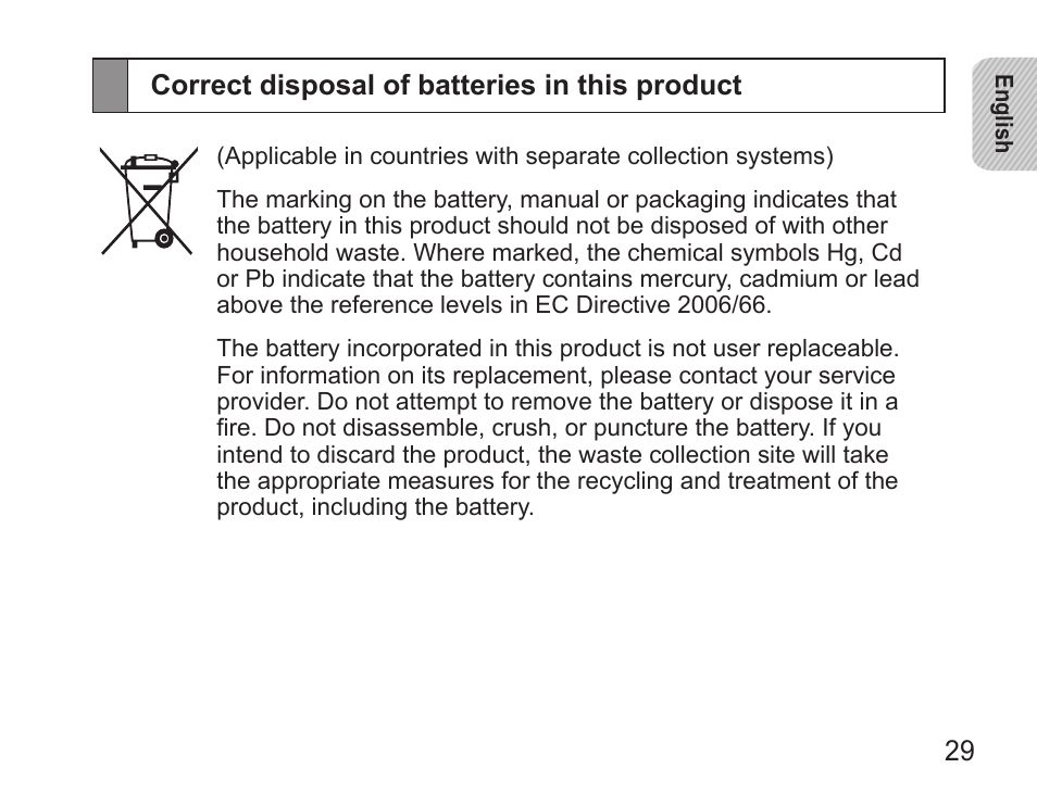 Correct disposal of batteries in this product | Samsung BHS3000 User Manual | Page 31 / 196