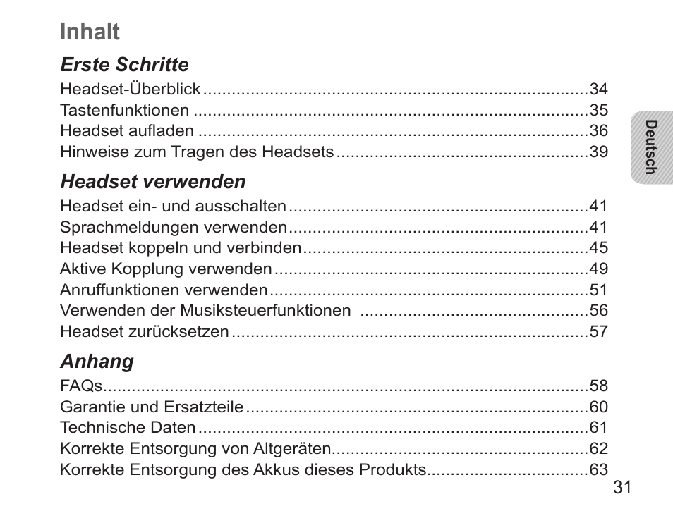Deutsch, Inhalt | Samsung BHS3000 User Manual | Page 33 / 196