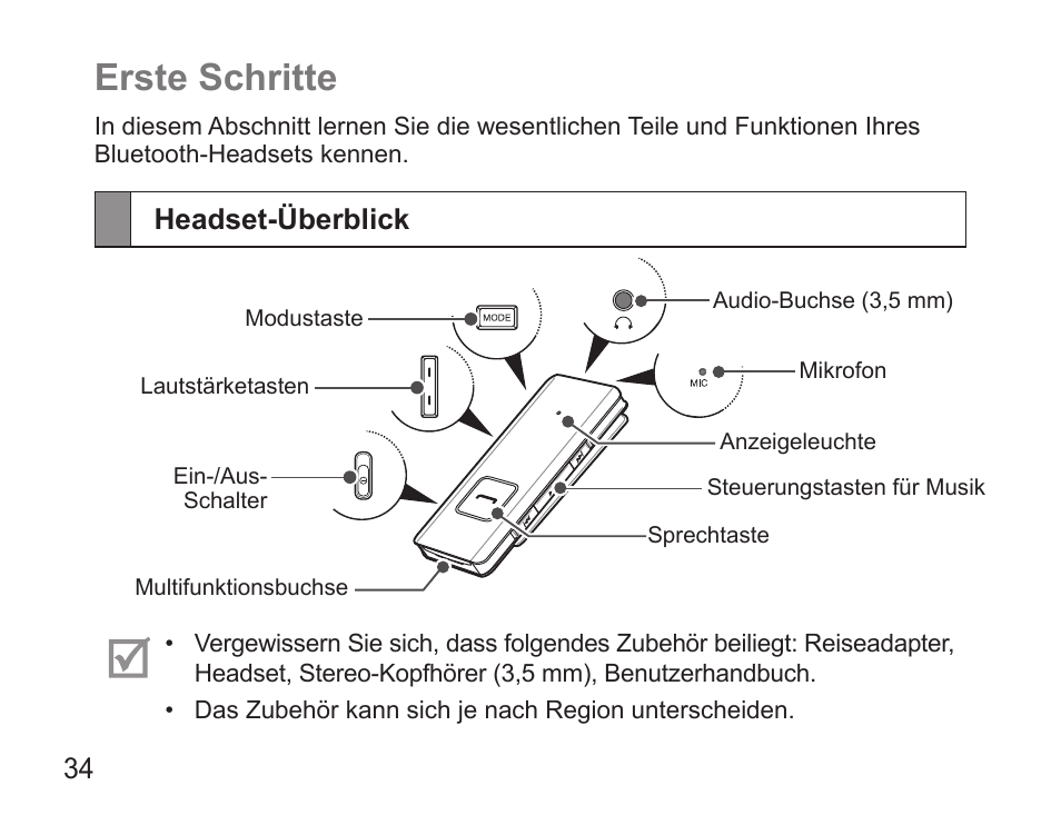 Erste schritte, Headset-überblick | Samsung BHS3000 User Manual | Page 36 / 196