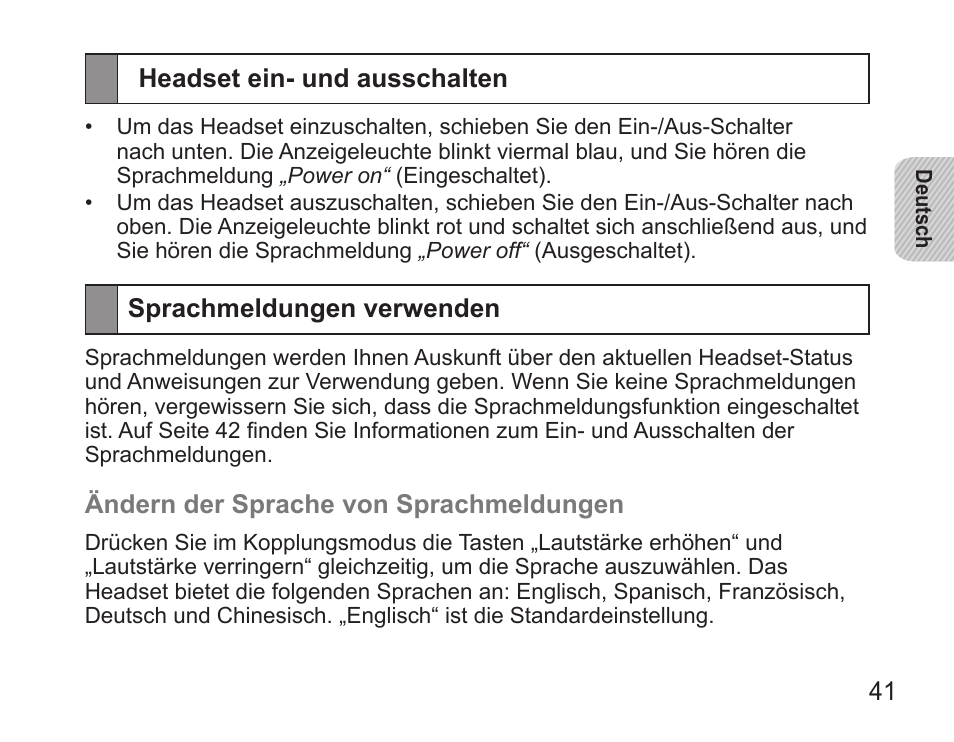 Headset ein- und ausschalten, Sprachmeldungen verwenden | Samsung BHS3000 User Manual | Page 43 / 196