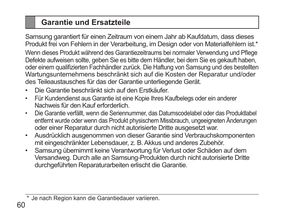 Garantie und ersatzteile | Samsung BHS3000 User Manual | Page 62 / 196