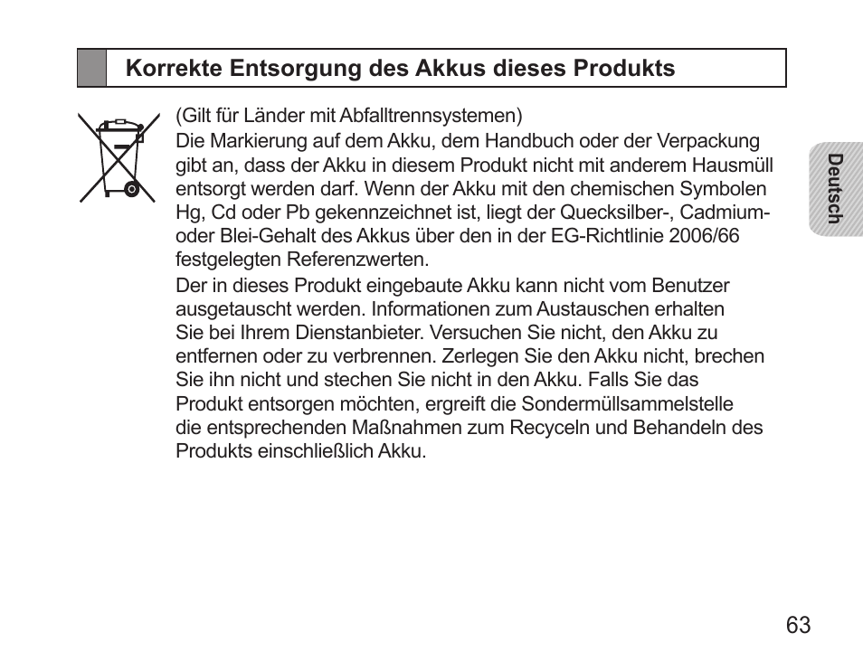Korrekte entsorgung des akkus dieses produkts | Samsung BHS3000 User Manual | Page 65 / 196