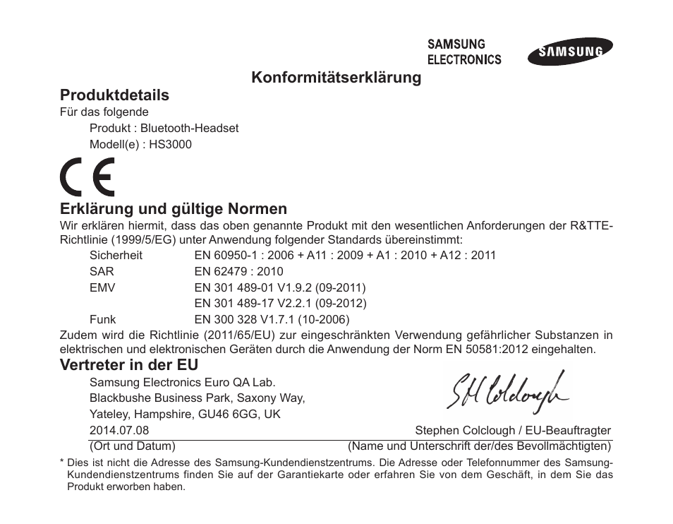 Konformitätserklärung produktdetails, Erklärung und gültige normen, Vertreter in der eu | Samsung BHS3000 User Manual | Page 66 / 196