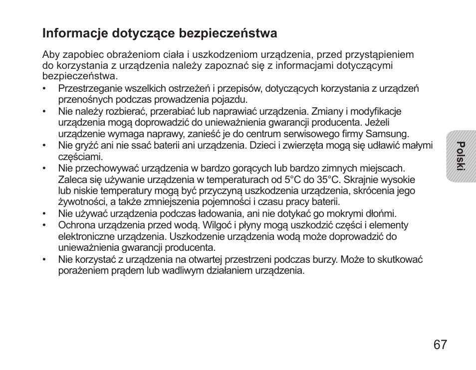 67 informacje dotyczące bezpieczeństwa | Samsung BHS3000 User Manual | Page 69 / 196