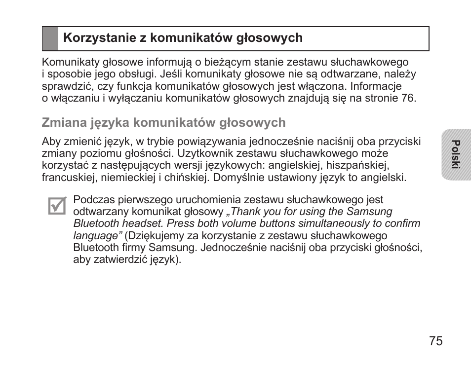 Korzystanie z komunikatów głosowych | Samsung BHS3000 User Manual | Page 77 / 196