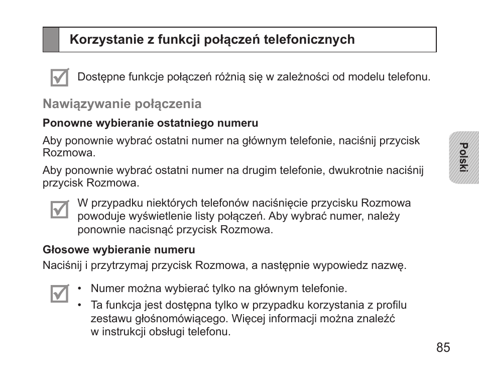 Korzystanie z funkcji połączeń telefonicznych | Samsung BHS3000 User Manual | Page 87 / 196