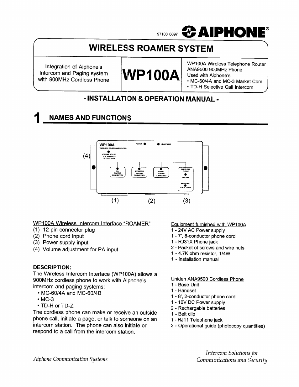 Aiphone ROAMER WP100A User Manual | 12 pages