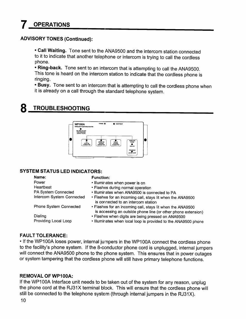 Advisory tones (continued), System status led indicators, Fault tolerance | Removal of wp100a, 7 operations, Ft troubleshooting | Aiphone ROAMER WP100A User Manual | Page 10 / 12