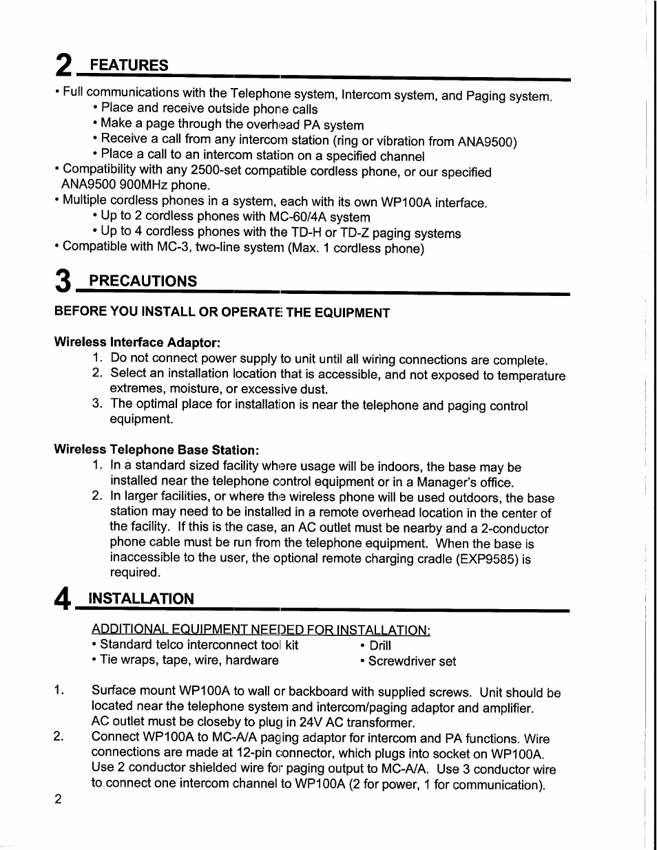 Wireless telephone base station | Aiphone ROAMER WP100A User Manual | Page 2 / 12