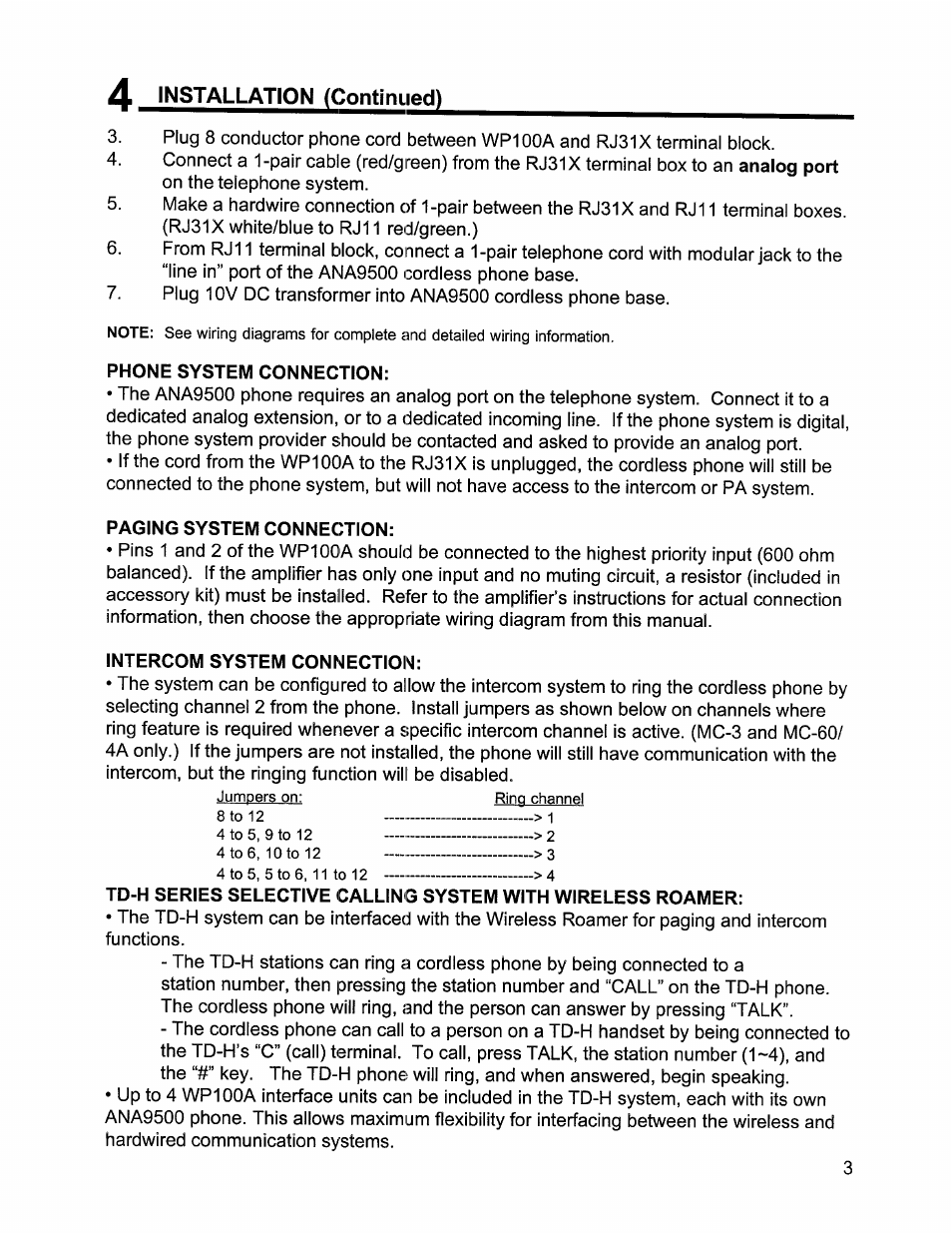 Phone system connection, Paging system connection, Intercom system connection | D installation (continued) | Aiphone ROAMER WP100A User Manual | Page 3 / 12