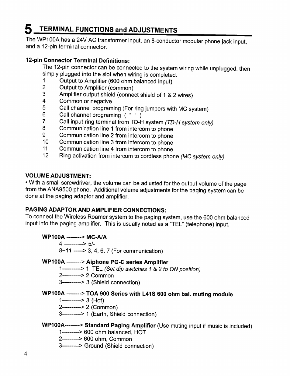 Pin connector terminal definitions, Volume adjustment, Paging adaptor and amplifier connections | Wp100a > mc-a/a, Wp100a > aiphoine pg-c series amplifier | Aiphone ROAMER WP100A User Manual | Page 4 / 12