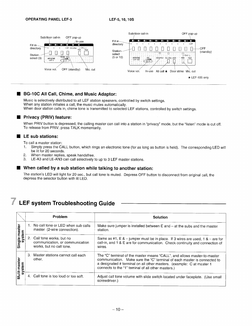 Bg-10c all call, chime, and music adaptor, Privacy (priv) feature, Le sub stations | Lef system troubleshooting guide | Aiphone LEF-3 User Manual | Page 10 / 12