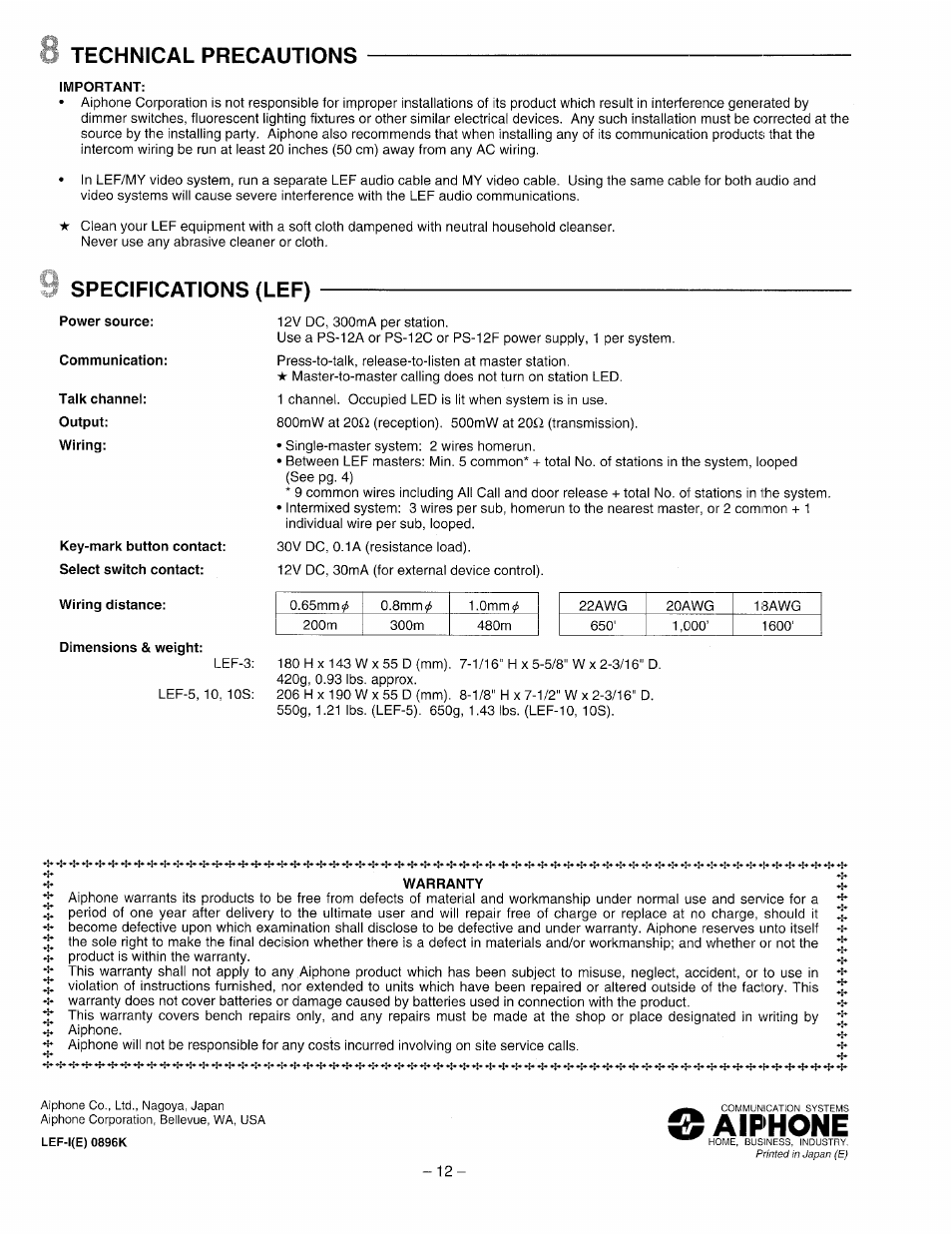 Technical precautions, Specifications (lef), Aiphone | Aiphone LEF-3 User Manual | Page 12 / 12