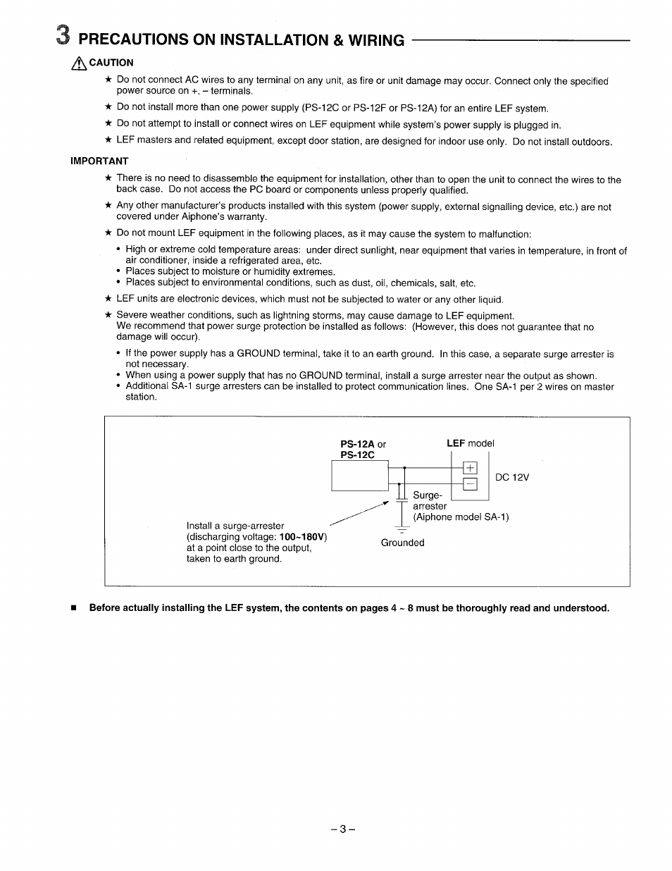 Precautions on installation & wiring | Aiphone LEF-3 User Manual | Page 3 / 12