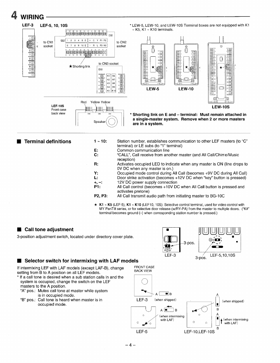 Wiring, Terminal definitions, Call tone adjustment | Selector switch for intermixing with lap modeis | Aiphone LEF-3 User Manual | Page 4 / 12