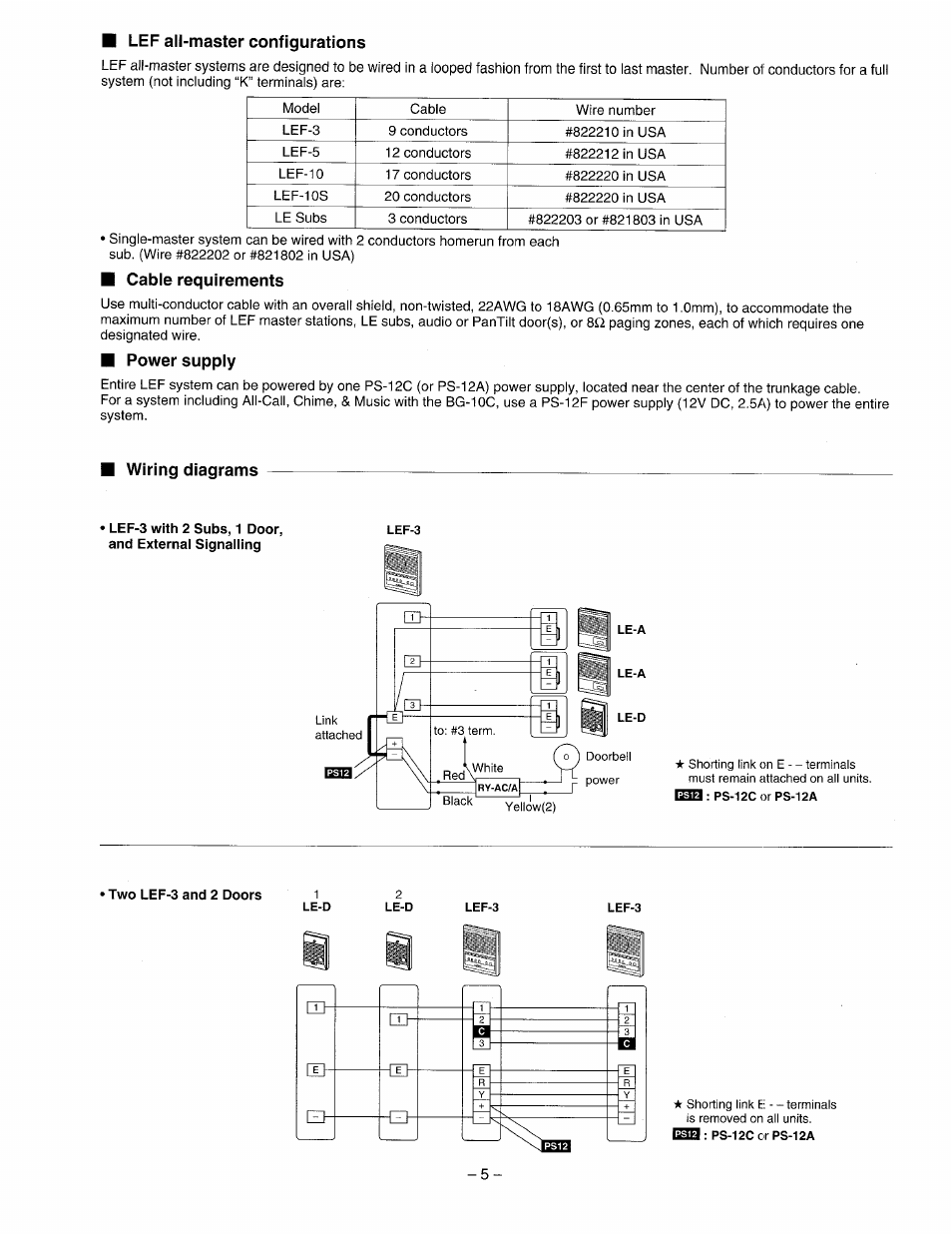 Cable requirements, Power supply, Wiring diagrams | Aiphone LEF-3 User Manual | Page 5 / 12