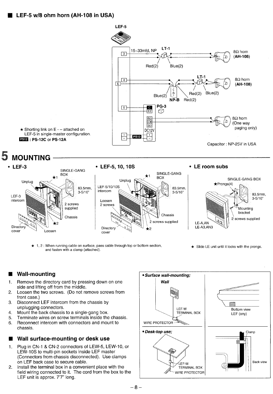 Lef-5 w/8 ohm horn (ah-108 in usa), Mounting, Lef-5,10,10s | Le room subs, Wall-mounting, Wall surface-mounting or desk use | Aiphone LEF-3 User Manual | Page 8 / 12