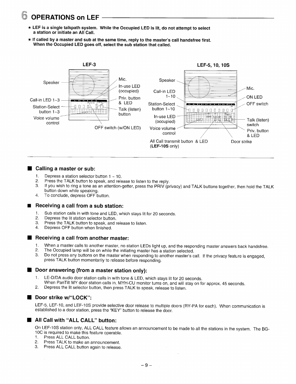 Operations on lef, Calling a master or sub, Receiving a call from a sub station | Receiving a call from another master, Door answering (from a master station only), Door strike w/“lock, All call with “all call” button | Aiphone LEF-3 User Manual | Page 9 / 12