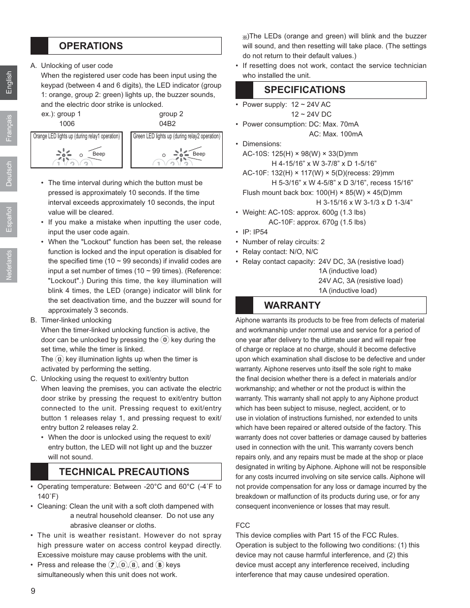 Operations, Technical precautions, Specifications | Warranty | Aiphone AC-10F User Manual | Page 10 / 27