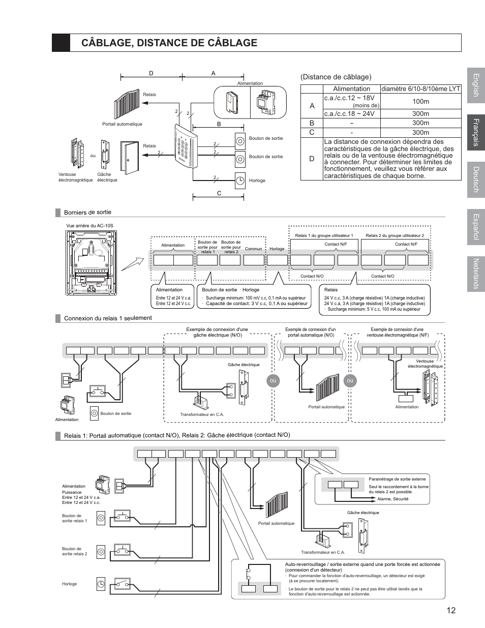 Câblage, distance de câblage, English nederlands français deutsch español, Distance de câblage) | Aiphone AC-10F User Manual | Page 13 / 27