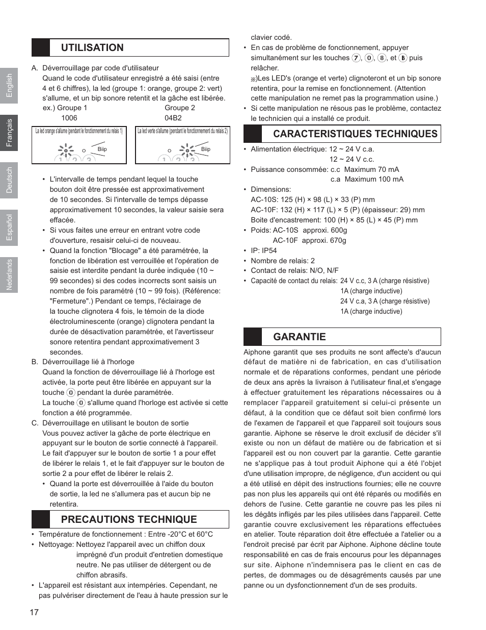 Utilisation, Precautions technique, Caracteristiques techniques | Garantie | Aiphone AC-10F User Manual | Page 18 / 27