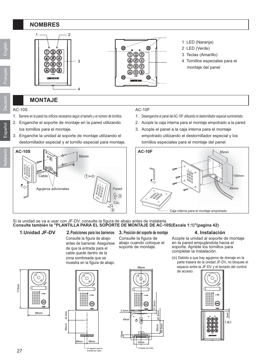 Nombres montaje, Unidad jf-dv, Posición del soporte de montaje 4. instalación | Posiciones para los barrenos | Aiphone AC-10F User Manual | Page 20 / 27