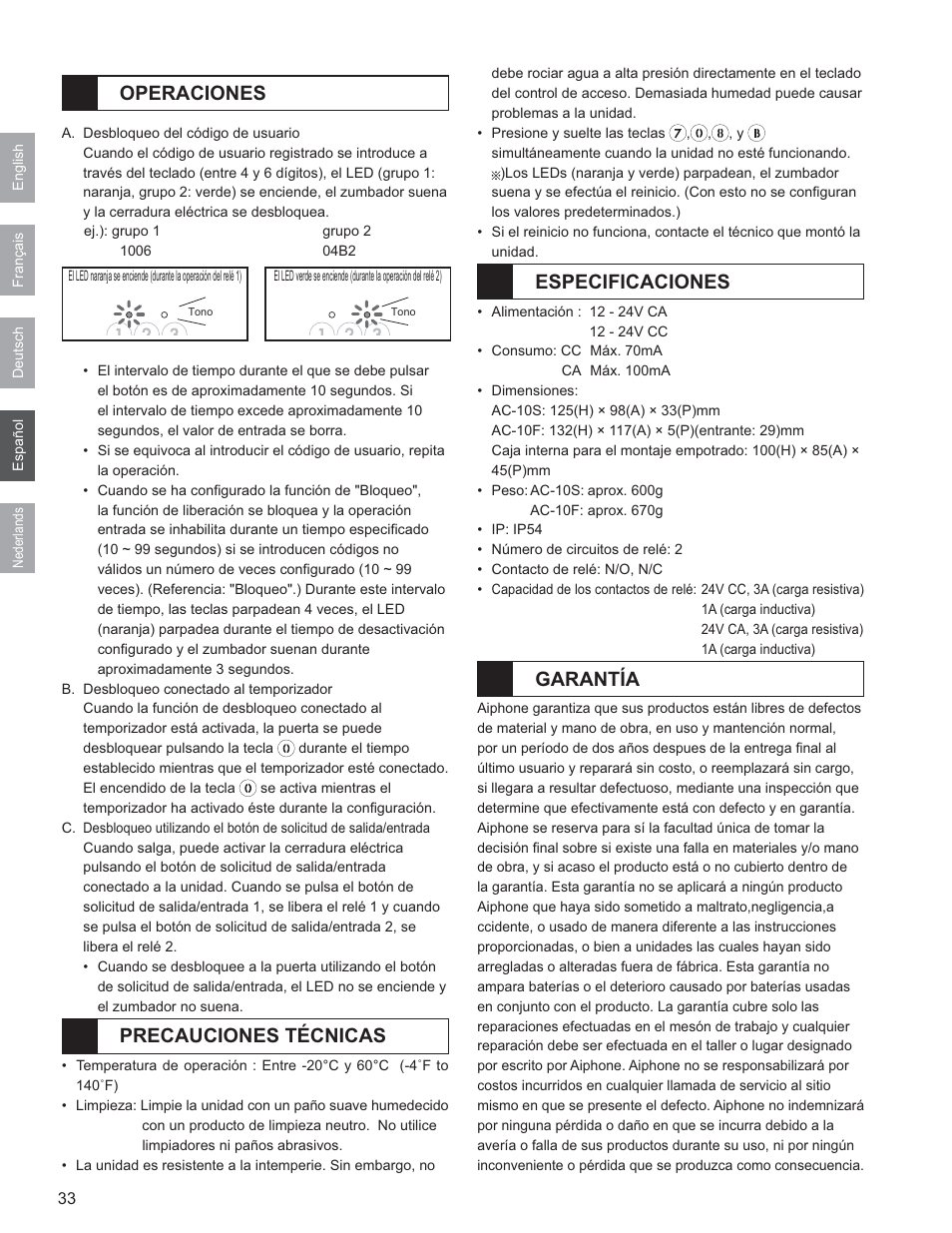Operaciones, Precauciones técnicas, Especificaciones | Garantía | Aiphone AC-10F User Manual | Page 26 / 27