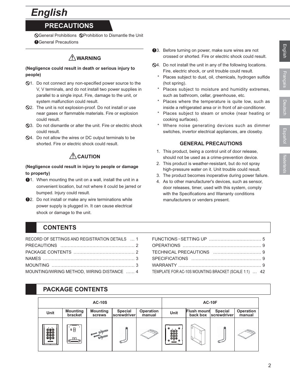 English, Precautions, Contents package contents | Aiphone AC-10F User Manual | Page 3 / 27