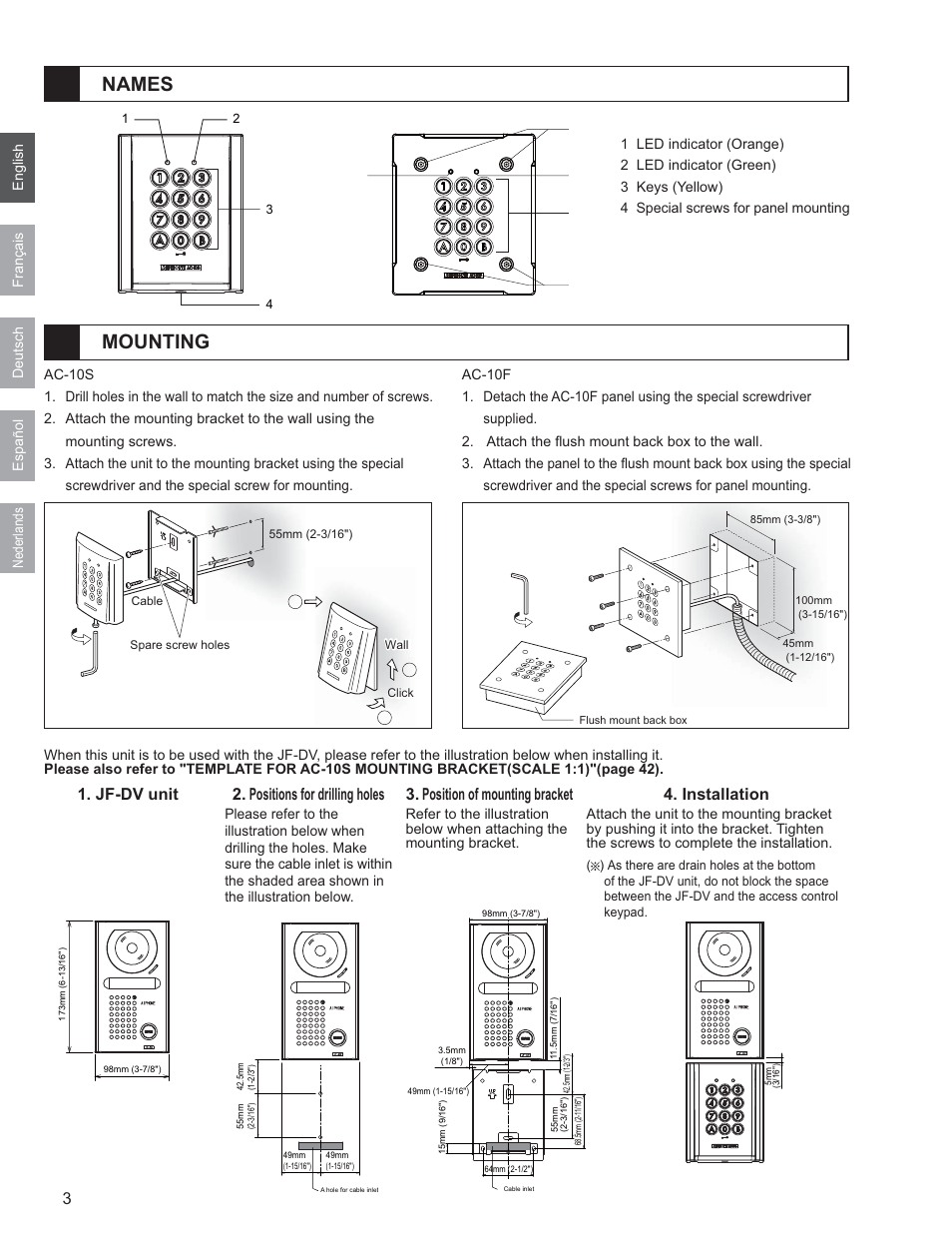 Names mounting, Jf-dv unit, Position of mounting bracket 4. installation | Positions for drilling holes | Aiphone AC-10F User Manual | Page 4 / 27