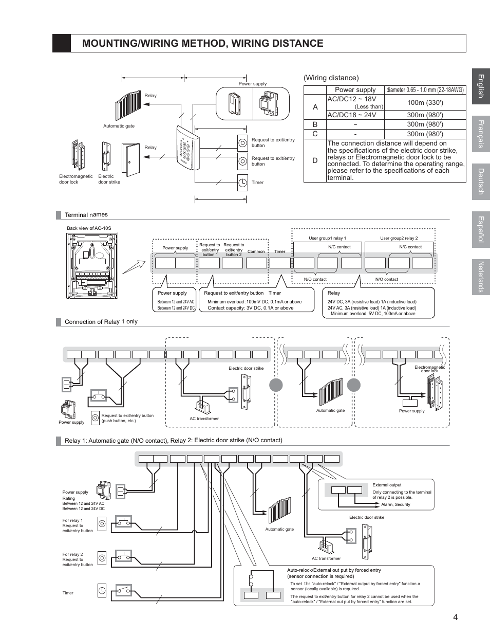 Mounting/wiring method, wiring distance, English nederlands français deutsch español, Wiring distance) | Aiphone AC-10F User Manual | Page 5 / 27