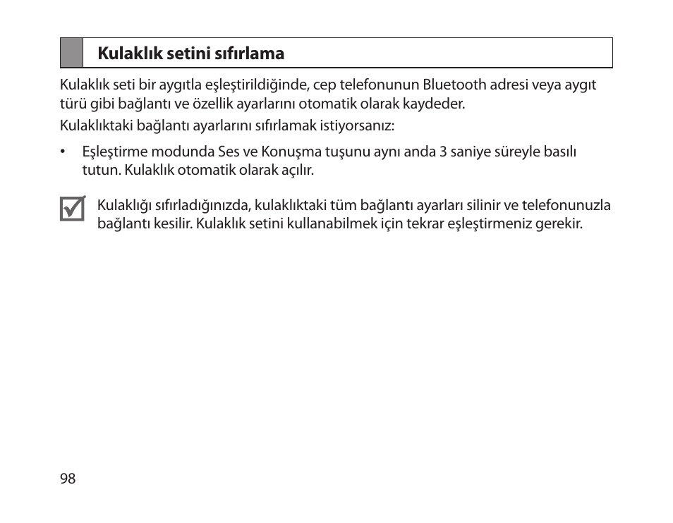 Kulaklık setini sıfırlama | Samsung HM1800 User Manual | Page 100 / 161