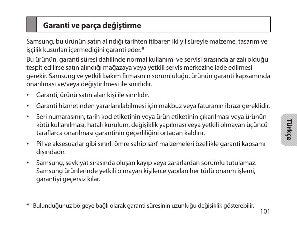 Garanti ve parça değiştirme | Samsung HM1800 User Manual | Page 103 / 161
