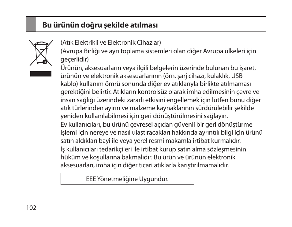 Bu ürünün doğru şekilde atılması | Samsung HM1800 User Manual | Page 104 / 161