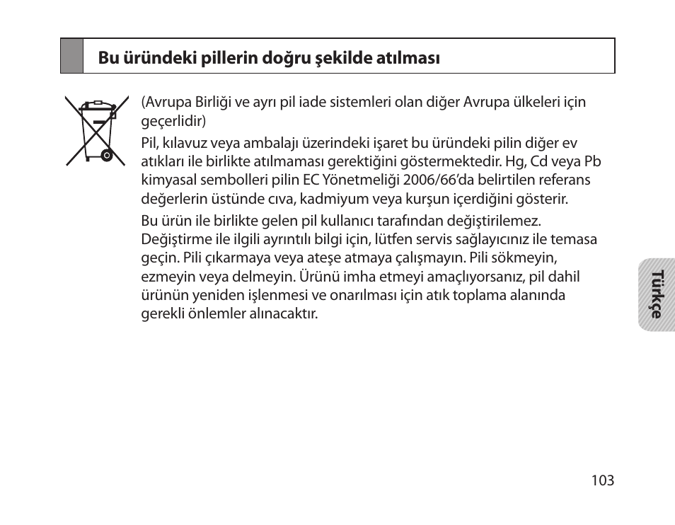 Bu üründeki pillerin doğru şekilde atılması | Samsung HM1800 User Manual | Page 105 / 161