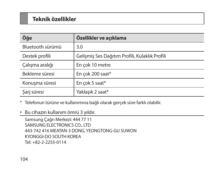 Teknik özellikler | Samsung HM1800 User Manual | Page 106 / 161