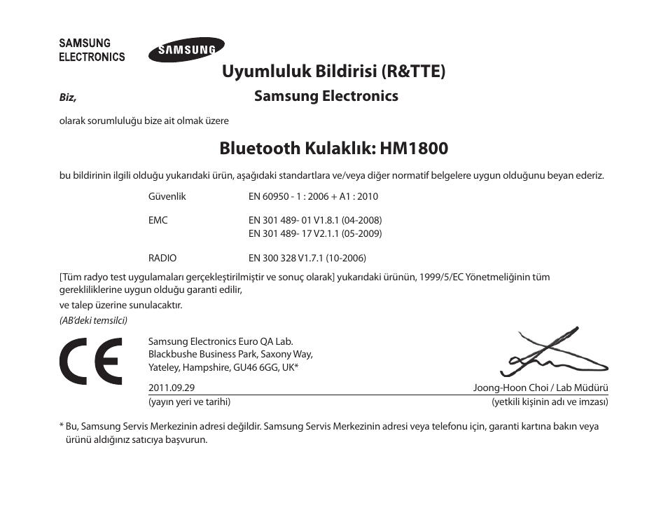 Uyumluluk bildirisi (r&tte), Bluetooth kulaklık: hm1800, Samsung electronics | Samsung HM1800 User Manual | Page 107 / 161