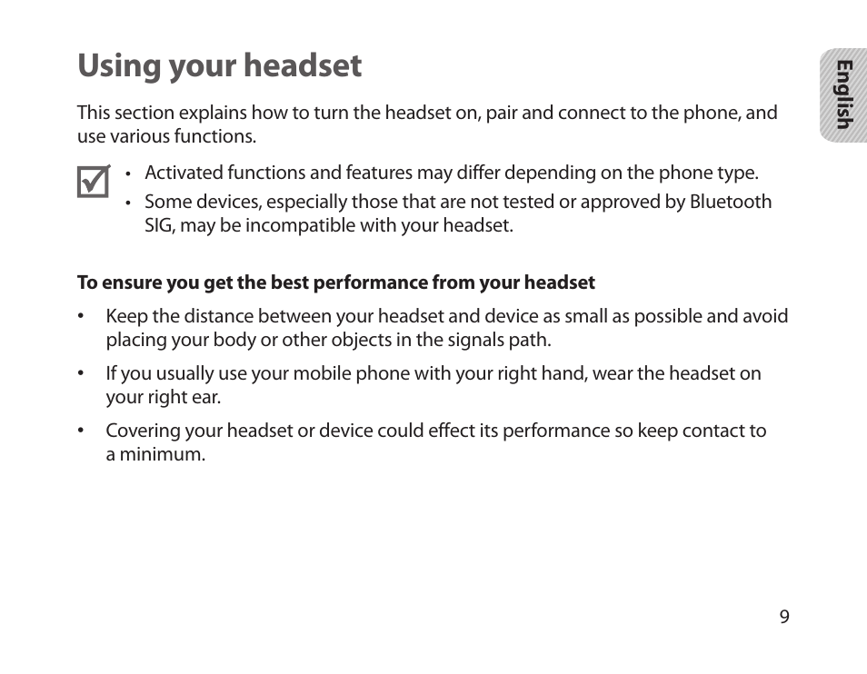 Using your headset | Samsung HM1800 User Manual | Page 11 / 161