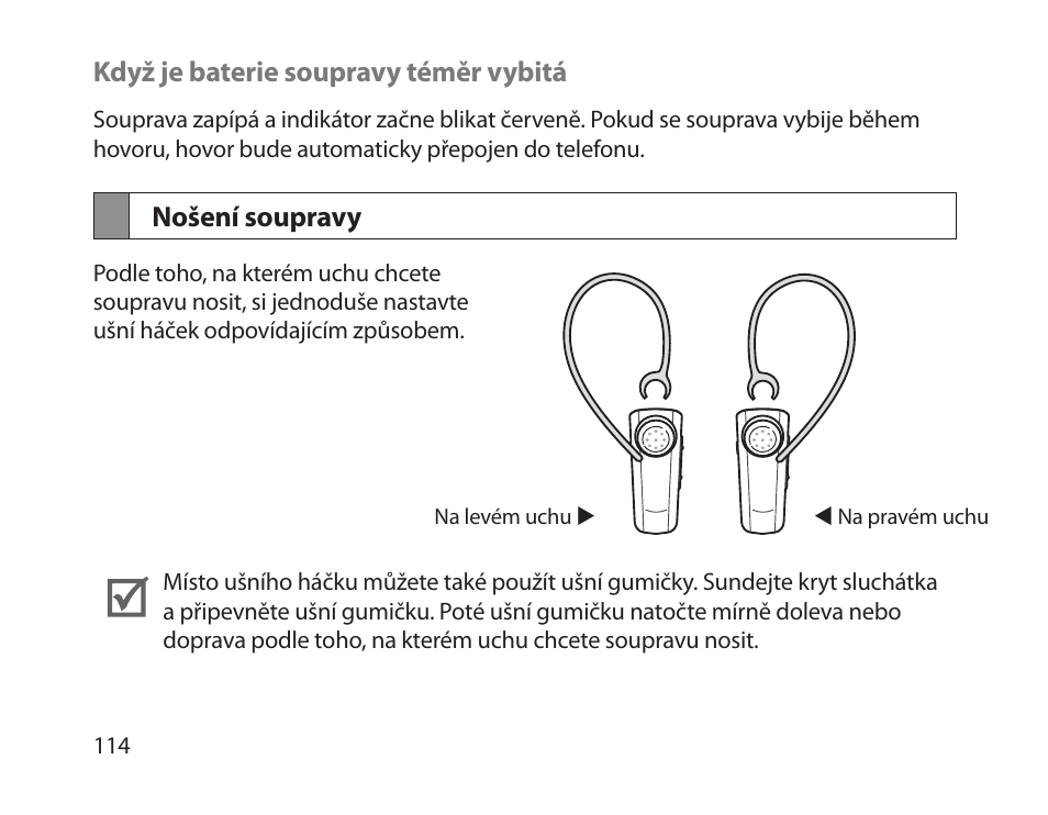 Nošení soupravy | Samsung HM1800 User Manual | Page 116 / 161