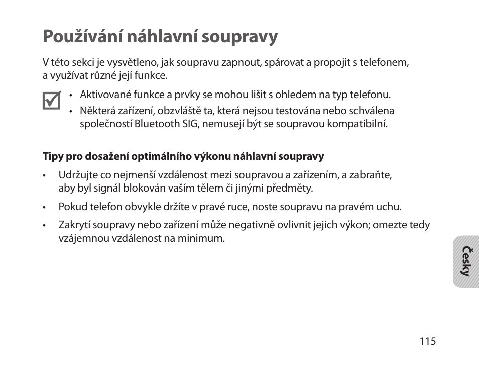 Používání náhlavní soupravy | Samsung HM1800 User Manual | Page 117 / 161