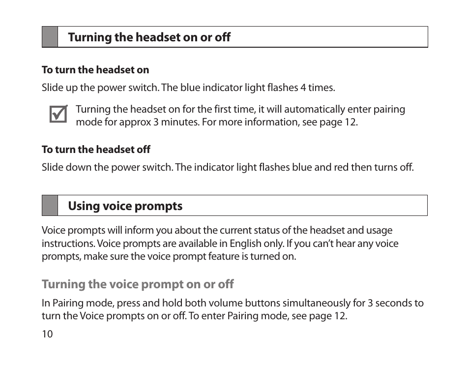 Turning the headset on or off using voice prompts | Samsung HM1800 User Manual | Page 12 / 161