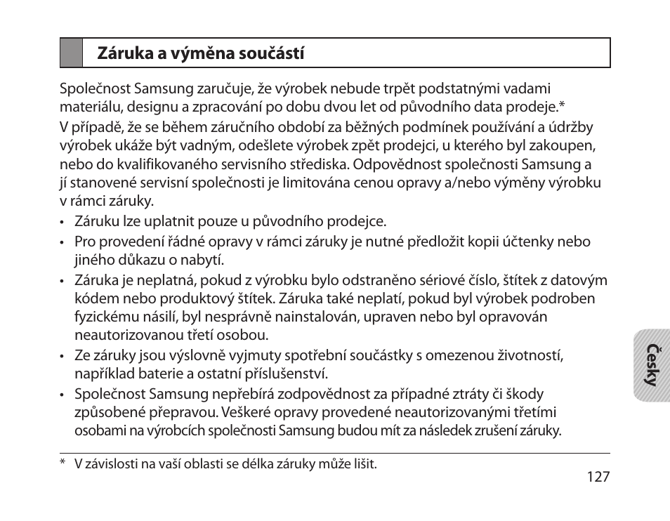 Záruka a výměna součástí | Samsung HM1800 User Manual | Page 129 / 161