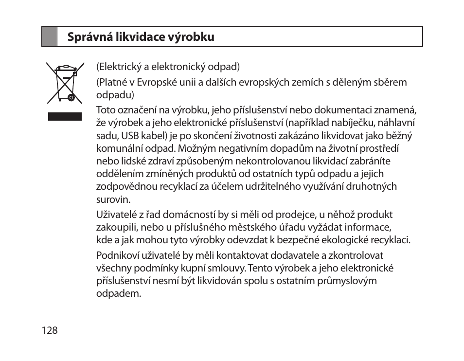 Správná likvidace výrobku | Samsung HM1800 User Manual | Page 130 / 161