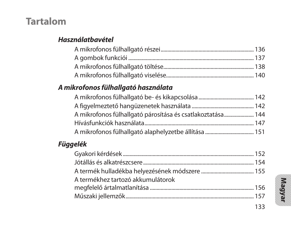 Magyar, Tartalom | Samsung HM1800 User Manual | Page 135 / 161